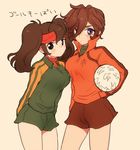  2girls breasts brown_hair endou_mamoru genda_koujirou genderswap headband inazuma_eleven inazuma_eleven_(series) large_breasts multiple_girls shorts twintails 