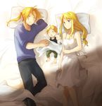  1girl baby bed bed_sheet blue_eyes dress drooling edward_elric fullmetal_alchemist long_hair lying non-web_source older on_back on_bed pillow ponytail riru shade sleeping sundress winry_rockbell yellow_eyes 