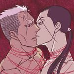  2boys black_hair dark_skin fullmetal_alchemist grey_hair kiss kissing long_hair lowres male male_focus multicolored_hair multiple_boys ponytail red_eyes scar scar_(fma) scar_(fullmetal_alchemist) shirtless solf_j_kimblee two-tone_hair white_hair yaoi zolf_kimblee 