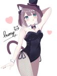  1girl :q animal_ear_fluff animal_ears arm_behind_head arm_up ashitaba_kemo bangs bare_shoulders black_bow black_bowtie black_headwear black_leotard blush bow bowtie breasts brown_hair cat_ears cat_girl cat_tail cleavage closed_mouth collar commentary_request fishnet_pantyhose fishnets green_eyes hair_between_eyes hat highres leotard looking_at_viewer medium_breasts mini_hat mini_top_hat original pantyhose signature simple_background smile solo strapless strapless_leotard tail tilted_headwear tongue tongue_out top_hat white_background white_collar wing_collar wrist_cuffs 