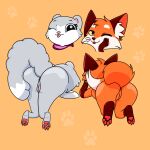  1:1 absurd_res accessory anthro anus ass_up brown_ears butt canid canine claws digital_media_(artwork) duo female female/female fox fur genitals hi_res inner_ear_fluff legs_together mammal mink mustelid musteline nura_(vkontakte) o9urec orange_body orange_fur pappy_(vkontakte) pawpads paws pussy rear_view simple_background smile teasing tongue tongue_out true_musteline tuft vkontakte white_body white_fur 