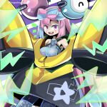  bow-shaped_hair character_hair_ornament dragodragodran grey_pantyhose hair_ornament hexagon_print highres hood hoodie impossible_clothes iono_(pokemon) jacket long_hair low-tied_long_hair oversized_clothes pantyhose pokemon pokemon_(game) pokemon_sv sharp_teeth single_leg_pantyhose sleeves_past_fingers sleeves_past_wrists teeth very_long_sleeves x yellow_jacket 