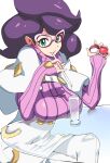  1girl absurdres big_hair boots breast_press breasts coat cup drinking_glass drinking_straw glass glass_table glasses green_eyes highres holding holding_poke_ball large_breasts long_sleeves mouth_hold ohland pink-framed_eyewear pink_sweater poke_ball poke_ball_(basic) pokemon pokemon_(game) pokemon_sm purple_hair ribbed_sweater skirt stalk_in_mouth sweater table thigh_boots turtleneck turtleneck_sweater white_coat white_skirt wicke_(pokemon) 