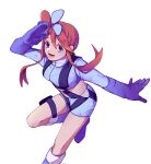  1girl arm_up blue_eyes blue_footwear blue_gloves blue_jacket blue_shorts boots commentary_request cropped_jacket gloves hair_ornament highres hogeol_pk jacket leg_up lower_teeth one_side_up open_mouth pokemon pokemon_(game) pokemon_bw red_hair short_hair_with_long_locks short_shorts shorts sidelocks simple_background skyla_(pokemon) solo teeth thigh_pouch tongue turtleneck white_background 