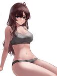  1girl :o absurdres ahoge arm_support breasts brown_hair cleavage groin highres ichinose_shiki idolmaster idolmaster_cinderella_girls lamp_p9 long_hair looking_at_viewer medium_breasts navel simple_background solo steam sweatdrop very_long_hair white_background 