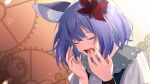  1girl animal_ear_fluff animal_ears bangs blue_dress closed_eyes commission copyright_request crying dress flower gears hair_flower hair_ornament hands_up highres open_mouth purple_hair red_flower sakura_chiyo_(konachi000) solo tears upper_body virtual_youtuber 