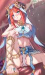  1girl absurdres aqua_eyes bangs bare_arms bare_shoulders blue_gemstone blue_skirt blurry blurry_foreground blush breasts brooch cameltoe circlet closed_mouth congyu crop_top feet foot_out_of_frame gem genshin_impact gladiator_sandals gold_trim harem_outfit highres indoors jewelry knee_up large_breasts long_hair low_twintails navel neck_ring nilou_(genshin_impact) no_detached_sleeves panties parted_bangs red_hair sandals sitting skirt solo stomach thighlet thighs toes twintails underwear white_panties 