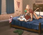  anal anthro ass_up bed bedroom blush bottomless butt canid canine clothed clothing duo felid feline furniture grabbing_pillow green_hair hair knest male male/male mammal on_bed open_mouth pennant pillow sex sex_on_bed shirt shirt_only topwear topwear_only underwear 