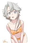  1girl akishimo_(kancolle) artist_name asymmetrical_hair bra brown_hair cowboy_shot floral_print gradient_hair grey_hair greyscale highres kantai_collection leaning_forward monochrome multicolored_hair orange_bra orange_panties panties print_bra short_hair short_hair_with_long_locks simple_background solo t2r underwear underwear_only white_background 