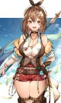  1girl :d atelier_(series) atelier_ryza atelier_ryza_3 azur_lane belt black_choker black_hairband blurry blurry_background boots bottle braid breasts brown_belt brown_eyes brown_footwear brown_gloves brown_hair brown_vest choker cleavage collarbone commentary_request cowboy_shot earrings falling_leaves gloves hair_between_eyes hairband highres holding holding_staff holster jacket jewelry large_breasts leaf looking_at_viewer necklace off_shoulder red_shorts reisalin_stout shirt short_shorts shorts single_earring single_glove sleeveless sleeveless_shirt smile staff star_(symbol) star_earrings teeth thick_thighs thigh_boots thigh_holster thighhighs thighs upper_teeth vest white_headwear white_shirt white_thighhighs yusha_m 