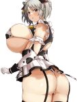  1girl alternate_costume animal_ears animal_print ass bikini breasts ciel_alencon cow_ears cow_girl cow_print cow_tail god_eater god_eater_2:_rage_burst grey_hair highres hizakake huge_breasts maid_bikini short_twintails sideboob solo swimsuit tail thick_thighs thighs twintails 