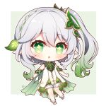  1girl :o bangs bare_shoulders blush chibi commentary_request cross-shaped_pupils dress full_body genshin_impact gradient_hair green_background green_eyes green_hair grey_hair hair_between_eyes hair_ornament multicolored_hair nahida_(genshin_impact) no_shoes parted_lips pointy_ears side_ponytail sleeveless sleeveless_dress socks solo stirrup_legwear toeless_legwear twitter_username two-tone_background white_background white_dress white_socks yukiyuki_441 