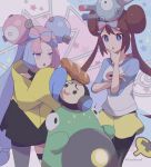  2girls 343rone absurdres bellibolt blue_eyes bow bow-shaped_hair brown_hair character_hair_ornament commentary_request double_bun doughnut_hair_bun hair_bun hair_ornament hexagon_print highres iono_(pokemon) jacket long_hair magnemite multiple_girls oversized_clothes pink_bow pokemon pokemon_(creature) pokemon_(game) pokemon_bw2 pokemon_sv raglan_sleeves rosa_(pokemon) single_leg_pantyhose sleeves_past_fingers sleeves_past_wrists twintails tympole very_long_hair very_long_sleeves visor_cap yellow_jacket 