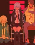  1boy 2girls absurdres bangs black_gloves black_jacket black_ribbon blush boots brown_skirt chair closed_mouth collarbone collared_shirt danganronpa:_trigger_happy_havoc danganronpa_(series) danganronpa_2:_goodbye_despair danganronpa_v3:_killing_harmony dress_shirt facial_hair galaga gloves goatee hair_ornament hair_over_one_eye hair_ribbon highres jacket kirigiri_kyouko knee_boots long_sleeves lovepoints medium_hair momota_kaito multiple_girls nanami_chiaki neck_ribbon open_clothes open_jacket open_shirt pants pink_jacket pink_pants pink_ribbon pleated_skirt print_shirt ribbon shaded_face shirt shoes sitting skirt thighhighs two-tone_shirt 