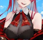  1girl :p ascot bangs bare_shoulders blue_sky breasts cleavage cloud facing_viewer gem head_out_of_frame hololive houshou_marine large_breasts long_hair multicolored_hair outdoors red_ascot red_eyes red_hair sky solo teeth tongue tongue_out twintails two-tone_hair unsomnus upper_teeth virtual_youtuber 