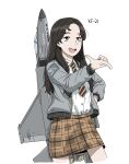  1girl aircraft airplane anyan_(jooho) black_hair brown_eyes fighter_jet flight_highschool highres jacket jet kf-21_boramae kf-21_boramae_(flight_highschool) looking_at_viewer military military_vehicle necktie open_clothes open_jacket pointing school_uniform skirt zettai_ryouiki 