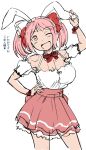  1girl animal_ears bow bowtie breasts contrapposto cosplay di_gi_charat dice_hair_ornament hair_bobbles hair_ornament hand_on_hip kantai_collection large_breasts looking_at_viewer mimofu_(fullhighkick) pink_eyes pink_hair pink_skirt rabbit_ears red_bow red_bowtie sazanami_(kancolle) shirt short_hair skirt smile solo translation_request twintails unfinished usada_hikaru usada_hikaru_(cosplay) white_shirt 