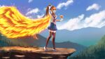  1girl black_thighhighs blue_skirt blue_sky brown_hair cloud commentary commission day doki_doki_literature_club english_commentary fiery_wings forest from_side full_body green_eyes grey_jacket hair_ribbon hand_on_own_chest heart highres jacket large_wings long_hair long_sleeves looking_away monika_(doki_doki_literature_club) mountainous_horizon nature outdoors pleated_skirt ponytail profile ribbon school_uniform shoes sidelocks skirt sky smile solo standing takuyarawr thighhighs very_long_hair white_ribbon wings zettai_ryouiki 