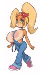  activision anthro areola big_breasts blonde_hair breasts clothed clothing coco_bandicoot crash_bandicoot_(series) female footwear green_eyes hair hi_res huge_breasts long_hair overalls plantpenetrator ponytail shoes solo topless video_games 