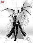  1girl absurdres bakemonogatari bat_wings breasts detached_sleeves dress emphasis_lines greyscale grin hair_horns hands_up high_heels highres j_adsen kiss-shot_acerola-orion_heart-under-blade large_breasts long_hair looking_at_viewer monochrome monogatari_(series) oshino_shinobu pointy_ears side_slit signature smile solo spread_wings standing thighhighs very_long_hair wings 
