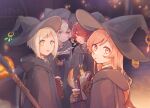  2boys 2girls black_headwear black_robe blue_eyes blurry blurry_background book bookmark commentary feathers flower_(vocaloid) flower_(vocaloid4) from_side fukase green_eyes halloween hat heterochromia highres holding holding_book hooded_robe jack-o&#039;-lantern long_hair looking_at_viewer looking_to_the_side mi_no_take multicolored_hair multiple_boys multiple_girls night parted_lips pink_hair purple_hair red_eyes red_hair robe sf-a2_miki staff streaked_hair symbol-only_commentary utatane_piko vocaloid white_hair witch witch_hat yellow_eyes 
