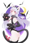  1girl absurdres animal_ears animal_hands ass bat_(animal) black_leotard black_thighhighs blush breasts cat_ears closed_mouth diamond-shaped_pupils diamond_(shape) elbow_gloves from_side gloves gradient_hair grey_hair hairband highres leotard long_hair looking_at_viewer looking_back looking_to_the_side milim_nova multicolored_hair original paw_gloves pink_hair red_eyes ribbon small_breasts solo symbol-shaped_pupils tail tail_ornament tail_ribbon thighhighs underboob 