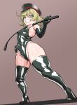  1girl 9is absurdres bare_shoulders blonde_hair blue_eyes cameltoe covered_nipples green_leotard green_thighhighs grin hat highres leotard looking_at_viewer military_hat shiny shiny_clothes shiny_hair shiny_skin short_hair skin_tight smile solo standing tanya_degurechaff teeth thick_thighs thighhighs thighs youjo_senki 