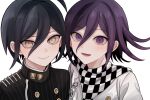  2boys :d ahoge bangs black_hair black_jacket brown_eyes buttons calliopejy checkered_clothes checkered_scarf danganronpa_(series) danganronpa_v3:_killing_harmony flipped_hair gradient gradient_background hair_between_eyes highres jacket looking_at_viewer lower_teeth male_focus multiple_boys ouma_kokichi portrait purple_eyes purple_hair saihara_shuuichi scarf shiny shiny_hair simple_background smile striped striped_jacket teeth tongue 