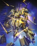  absurdres beam_saber character_name extra_arms flying full_body gundam highres holding holding_sword holding_weapon maeda_hiroyuki mecha mobile_suit no_humans purple_eyes redesign robot science_fiction space sword the_o weapon zeta_gundam 