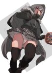  1girl :o black_gloves black_thighhighs blue_eyes blush character_request fate_(series) fu-ta gloves gray_(fate) grey_hair highres holding hood hood_up lord_el-melloi_ii_case_files open_mouth panties pantyshot simple_background thighhighs underwear upskirt white_panties 