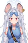  1girl absurdres animal_ears blue_archive blue_bow blue_dress bow breasts dress ear_tag grey_hair grin hair_bow halo highres long_hair looking_at_viewer medium_breasts mouse_ears red_eyes saya_(blue_archive) sbbs short_eyebrows simple_background smile solo two_side_up white_background 