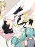  1boy 2girls aqua_hair bare_shoulders barefoot bass_clef black_sailor_collar black_sleeves blonde_hair blue_eyes bow cable cellphone commentary detached_sleeves from_above grey_shirt hair_bow hair_ornament hairclip hatsune_miku headphones highres kagamine_len kagamine_rin knees_up leg_warmers long_hair looking_at_another lying male_focus mattress multiple_girls musical_note musical_note_print nail_polish naoko_(naonocoto) necktie on_back phone sailor_collar shirt short_hair sleeping sleeveless sleeveless_shirt smartphone sweatdrop toenail_polish toenails twintails very_long_hair vocaloid white_bow white_shirt yellow_nails yellow_necktie 