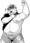  2018 5_fingers anthro belly boxer_briefs bulge clothing dressing ena_(lm) fingers footprint hyaenid kumagaya_shin love_mechanic male mammal mane monochrome moobs navel nipples overweight overweight_anthro overweight_male pawprint portrait raised_arm solo spotted_hyena three-quarter_portrait underwear 