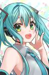  1girl absurdres aqua_eyes aqua_hair aqua_nails armpits bangs bare_shoulders black_sleeves blue_hair blush collared_shirt commentary_request detached_sleeves from_side gradient_hair green_hair hair_between_eyes hair_ornament hair_over_shoulder halha_20 hand_to_own_face hatsune_miku head_tilt headgear headset highres long_hair looking_at_viewer microphone multicolored_background multicolored_hair nail_polish open_mouth parted_bangs pleated_shirt shiny shiny_hair shirt sidelocks signature simple_background sleeveless sleeveless_shirt smile solo teeth twintails upper_teeth very_long_hair vocaloid waving white_shirt wide_sleeves 