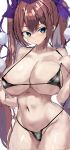  1girl absurdres aqua_eyes areola_slip bikini bikini_pull black_bikini breasts brown_hair cleavage closed_mouth clothes_pull cowboy_shot hair_ribbon hat highres himekaidou_hatate huge_breasts long_hair looking_at_viewer micro_bikini navel pom_pom_(clothes) pulled_by_self purple_headwear purple_ribbon ribbon simple_background smile solo standing suzunooto_shirasu swimsuit tokin_hat touhou twintails white_background 