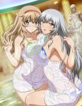  2girls bangs bare_arms bikini breast_press breasts chouun_shiryuu cleavage collarbone dutch_angle green_bikini grey_eyes grey_hair hair_between_eyes hairband halterneck ikkitousen indoors large_breasts light_brown_hair long_hair looking_at_viewer multiple_girls pool red_hairband shiny shiny_hair shiny_skin sideboob sitting slit_pupils sonken_chuubou standing steam straight_hair swimsuit towel unusually_open_eyes very_long_hair waving 