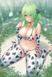  1girl animal_ears animal_print antlers bell bikini bokuboyarts braid breasts ceres_fauna cleavage cow_ears cow_print detached_sleeves french_braid green_hair grin highres hololive hololive_english large_breasts long_hair looking_at_viewer midriff mole mole_under_eye navel neck_bell sitting smile soles solo swimsuit thighhighs thighs toes virtual_youtuber wariza yellow_eyes 