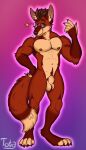  absurd_res animal_genitalia anthro body_hair canid canine digitigrade eyewear fox genitals gesture glasses happy_trail hi_res looking_at_viewer male mammal muscular nude one_eye_closed pose sheath simple_background solo tanos totakeki waving waving_at_viewer wink 