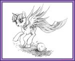  2015 absurd_res ball border cutie_mark equid equine female feral friendship_is_magic graphite_(artwork) hair hasbro hi_res hooves horn horse leaf leaves_on_ground long_tail looking_at_viewer mammal monochrome my_little_pony open_mouth pencil_(artwork) pony princess_twilight_sparkle_(mlp) purple_border quadruped raised_hoof raised_leg_over_edge simple_background solo spread_wings text traditional_media_(artwork) twilight_sparkle_(mlp) uminanimu url white_background winged_unicorn wings 