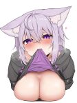  1girl absurdres animal_ears blush breasts breath casual cat_ears cat_girl cleavage from_above highres hololive hood hoodie hoodie_lift large_breasts looking_at_viewer micon mouth_hold nekomata_okayu purple_eyes purple_hair short_hair simple_background solo steam steaming_body upper_body virtual_youtuber white_background 