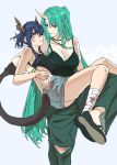  2girls arknights bandaged_leg bandages bangs bare_shoulders black_tank_top blue_hair blue_shorts bracelet breasts carrying ch&#039;en_(arknights) cleavage crop_top dragon_girl dragon_horns dragon_tail green_hair green_pants green_tank_top highres horns hoshiguma_(arknights) jewelry large_breasts looking_at_another multiple_girls necklace nobita_(makoto7060355) official_alternate_costume oni_horns pants princess_carry red_eyes shorts single_horn skin-covered_horns smile tail tank_top white_background yellow_eyes yuri 