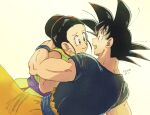  1boy 1girl arm_around_shoulder black_hair black_shirt chi-chi_(dragon_ball) chi_(cmon_57) commentary_request dragon_ball dragon_ball_z girl_on_top hetero husband_and_wife looking_at_another muscular muscular_male open_mouth saiyan shirt simple_background smile son_goku spiked_hair tears white_background 