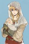  2boys baby blonde_hair blue_eyes closed_mouth earrings father_and_son gensou_suikoden gensou_suikoden_v highres jewelry long_hair looking_at_viewer male_focus multiple_boys natsuo_(hatohaco) richard_(suikoden) simple_background 