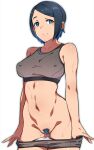  1girl bare_shoulders black_hair blue_eyes blue_hair bra em_(totsuzen_no_hakike) female_pubic_hair grey_bra grey_panties gundam gundam_suisei_no_majo multicolored_hair navel nika_nanaura panties panty_pull pubic_hair short_hair simple_background smile solo sweat two-tone_hair underwear underwear_only white_background 