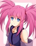  1girl belt blue_eyes closed_mouth detached_sleeves expressionless jewelry long_hair looking_at_viewer pink_hair presea_combatir sakuno_ririsu simple_background solo tales_of_(series) tales_of_symphonia twintails 