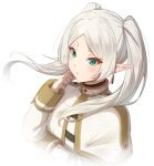  1girl absurdres bangs capelet closed_mouth earrings elach floating_hair frieren green_eyes highres jewelry long_hair long_sleeves parted_bangs pointy_ears simple_background solo sousou_no_frieren twintails upper_body white_background white_capelet white_hair 