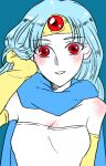  1girl blue_hair blush breasts cape circlet dragon_quest dragon_quest_iii dress elbow_gloves gloves inaba_tomoe long_hair looking_at_viewer open_mouth red_eyes sage_(dq3) simple_background smile solo 
