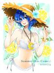  1girl blue_eyes blue_hair breasts cleavage crescent flower hat highres long_hair looking_at_viewer navel open_mouth pointy_ears ponyo_soa rena_lanford smile solo star_ocean star_ocean_the_second_story swimsuit 