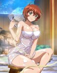  1girl bangs bare_arms bare_legs bob_cut breasts brown_hair chinkyuu_koudai cleavage closed_mouth collarbone covered_navel day green_eyes hair_between_eyes ikkitousen large_breasts looking_at_viewer naked_towel outdoors shiny shiny_hair shiny_skin short_hair smile soap solo towel wet_towel 