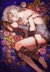  1girl barefoot bed blush braid brown_eyes flower funa2001 happy highres kaine_(nier) lingerie nier nier_(series) panties ribbon smile solo thigh_strap underwear veil white_hair 